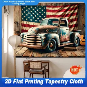 Vintage Rusty Truck & US American Flag 2D Flat Polyester Tapestry, 6 Sizes with Installation Kit, Wall Art Backdrop for Photo Booth Birthday Party Room Decor bfwall cartoon pattern perfect creative gift fun Motivational
