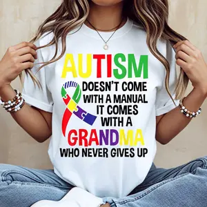 Autism Ribbon And Text Print T-Shirt  Crew Neck Casual Wear For Autism Awareness And Family Support