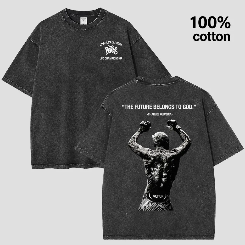 Charles Oliveira "The Future Belongs to God" Champion Print T-Shirt - Washed Black