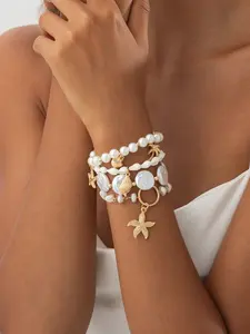 Bohemian Faux Pearl Shell Bracelet Set, Elegant Light Luxury Jewelry Gift for Women, Perfect for Daily Wear & Party Accessories, Pearl Beaded Bracelet
