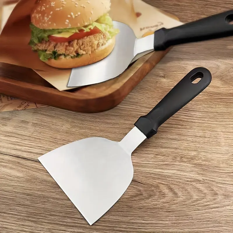 heavy-duty stainless steel hamburger flipper, Durable cooking tools, 410-grade non-slip handle, dishwasher safe, ergonomic grip, hanging hole, ideal for transferring grills, hamburgers from ovens, suitable for both indoor and o