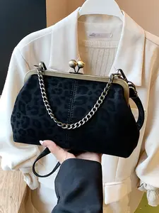 Fashion  simplicity, leisure and joker shoulder messenger bag, niche design retro black velvet leopard gold bag, versatile multi-color temperament optional suitable for daily commuting, shopping and dating, Casual trendy purse