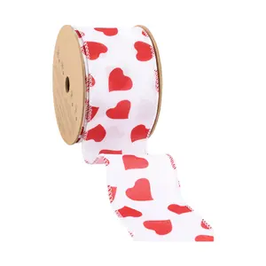 2 1/2" Wired Ribbon | White w/ Red Heart 10 Yard Roll Valentine’s Day wrapping gifts