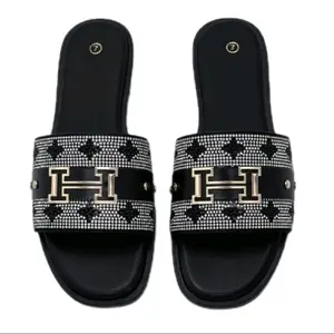 Stylish Fashion Design Sandals with Rhinestone Accents and Logo Detailing for Women