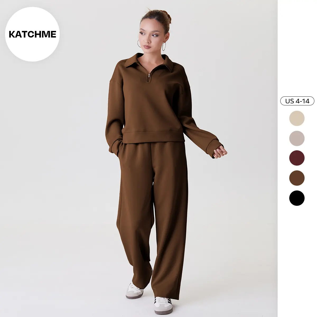 KatchMe Women's Versatile Collared Partial Zipper Long Sleeve Sweatshirt & Wide Leg Trousers Tracksuit, Comfortable Solid Color Womenswear