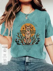 Women's Crew Neck T-Shirt, Tribal Coyote Print, Multiple Colors Available, Machine Washable, Spring & Summer Top, Soft Skin-Friendly Fabric, Daily Versatile, Fashion Design