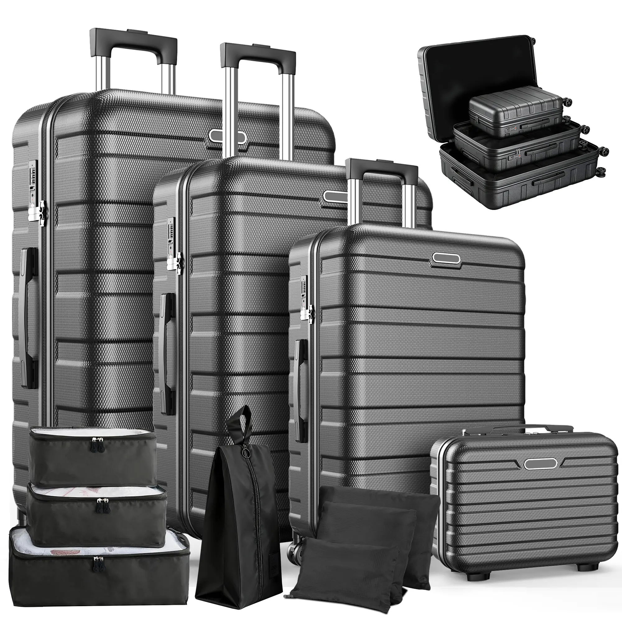 11 PCS Hardshell Luggage Sets – Durable Hardshell Suitcases with Silent Spinner Wheels and Password Lock for Family Trips, Checked & Carry on, Vacation & Business, Black