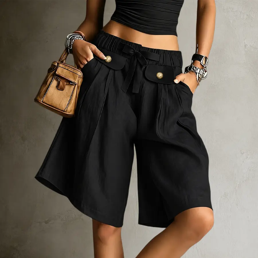 【Casual Ethnic Shorts】 Casual solid-color ethnic straight-leg shorts in a retro workwear style with wide legs, Bermuda-style shorts suitable for women, featuring a high waist with a tie detail and pockets, loose casual long shorts