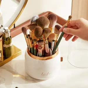 UFORU Dustproof Rotating Makeup Brush Holder with Lid, Clear Acrylic Organizer for Vanity, Bathroom, and Desktop Countertop