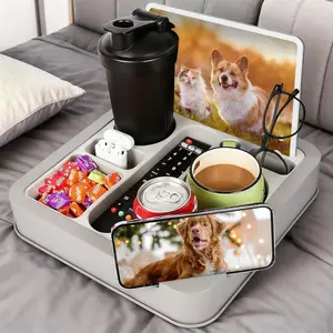 Couch Cup Holder Caddy Tray for Bed Couch Holds Remote Phone Tablet Beverage Snack Gray