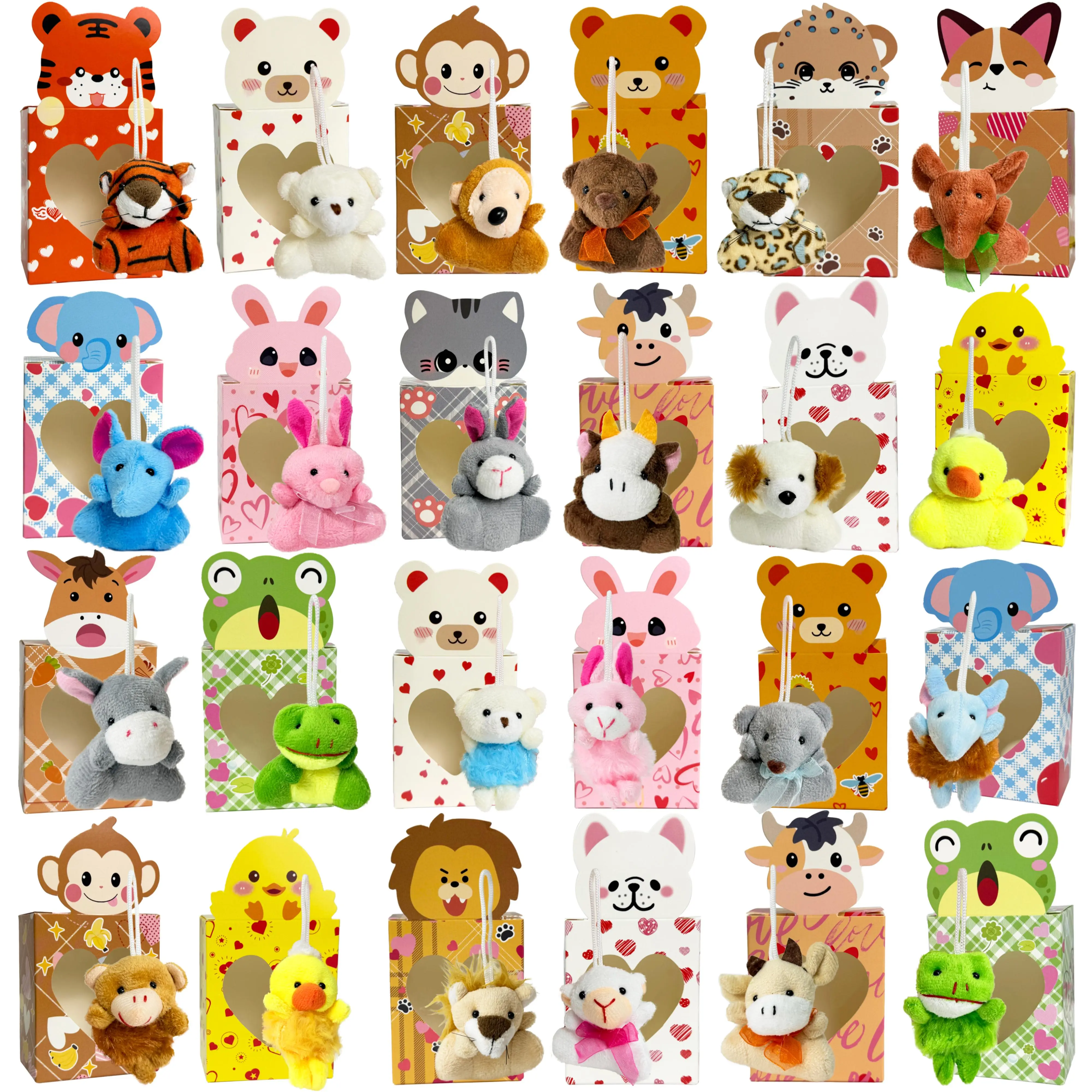 24-Pack Valentine's Day Heart Animal Plush Toys with Chains, BPA-Free Durable Mini Stuffed Figures, 3+ Years Kids' Surprise Party Gifts (1 Toy Per Unit) for Classroom Exchange, Festive & Party Supplies