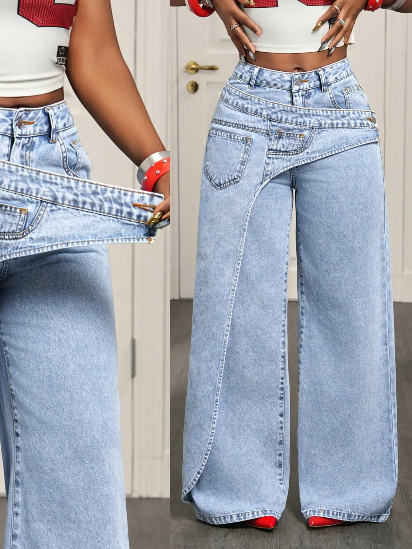 Women's deconstructed asymmetric patchwork denim jeans with button and zipper fly, vintage loose straight-leg design