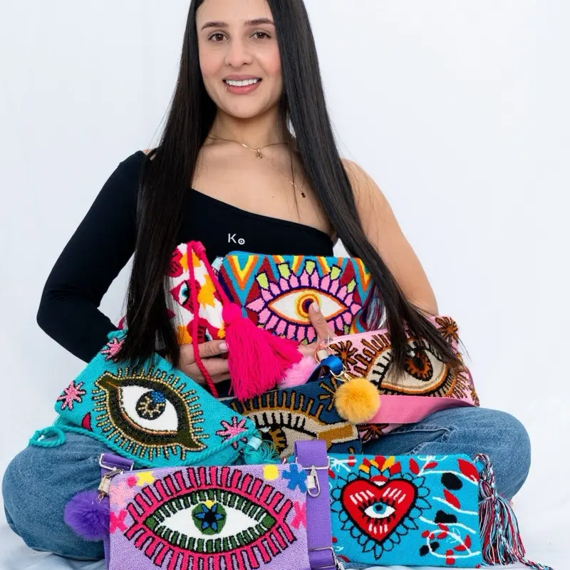 Handmade Tufted Crossbody Clutch Bag | Colorful Artisan Tapizado Purse | Boho Shoulder Bag for Women
