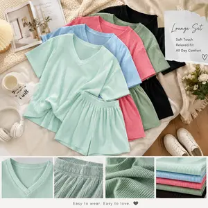 Women’s 2-Piece Ribbed Knit Fabric Lounge Set, V-Neck Short-Sleeve Top & Matching Soft Stretchy Shorts with Pockets