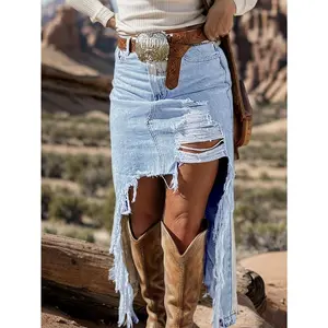 Elegant High-Waisted Light Blue Denim Midi Skirt, with Thigh Slit - Fashion Street Style, Suitable for Vacation, Frayed Hem, Women's Rayon/Polyester Blend Jean Vintage Casual Chic