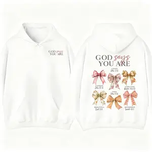 God Says You Are Floral Bow Christian Hoodie Double-Sided Bible Verse Religious Sweatshirt with Inspirational Verses for Women Casual Long Sleeve Pullover