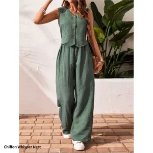 Linen summer casual commuting front-button vest and pants set with V-neck vest