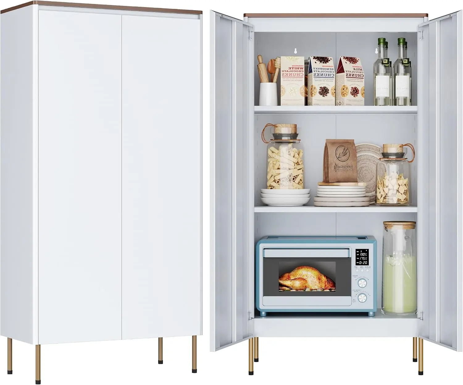Kitchen Pantry Cabinet, 47.5" Metal Storage Cabinet with Doors | 3 Tier, Adjustable Shelves, Handleless Design, Magnetic Door, Small Cupboard for Kitchen Storage, Dining Room, White