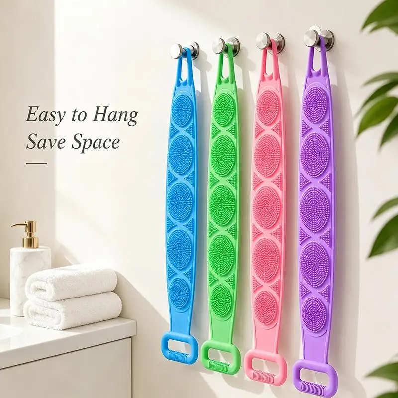 Double-Sided Silicone Body Scrubber for Shower, Unisex Flexible Strap Back Scrubber, Soft Exfoliating Bath Brush for Deep Skin Cleaning, Bathroom Home Supplies Accessories for All Skin Types