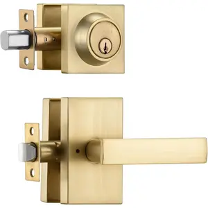 Satin Brass Exterior Door Lock Set, Front Door Handle with Deadbolt, Heavy Duty Entry Door Handleset