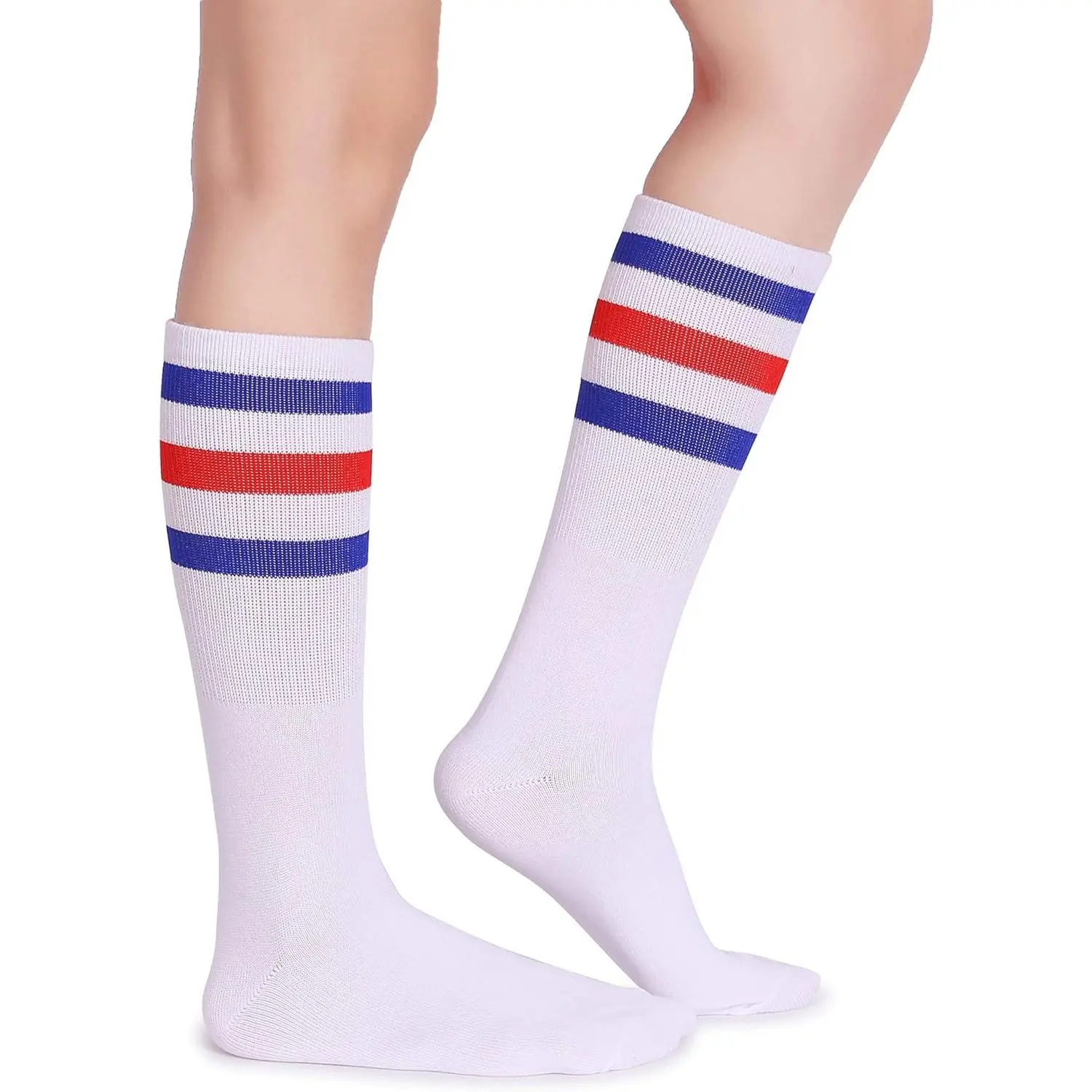 Women's & Men's Retro Triple Striped Tube Socks, Classic Soft Cotton Breathable On the Calf Socks, A-Pair(Blue/Red/White), Leg, Breathable Wear