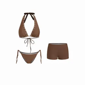 Cider Halter Neckline Rivet Knotted 3 Piece Bikini Set With Shorts