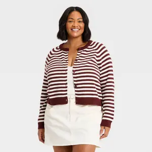 Women's Crewneck Cotton Cardigan - Universal Thread Maroon Striped 4X