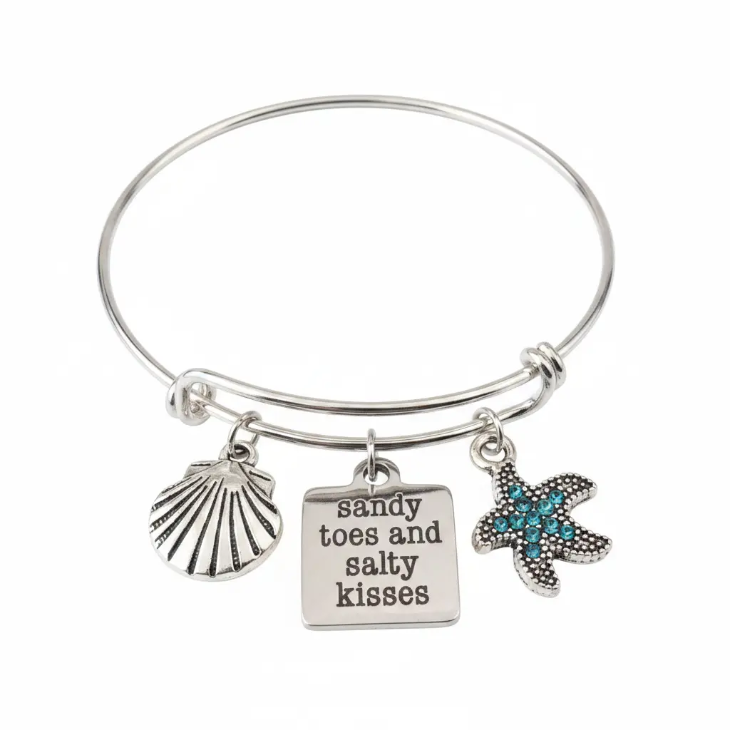 Sandy Toes and Salty Kisses Charm Bangle Bracelet | Starfish & Seashell | Jules Obsession