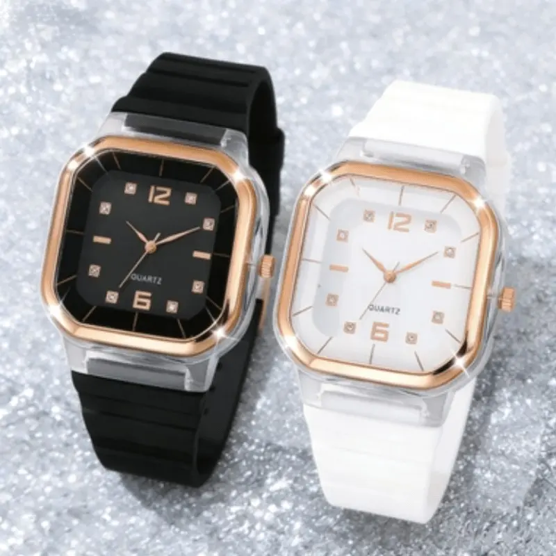 2pcs Fashion Simple Square Women's Quartz Watches, Casual Silicone Band Ladies Quartz Wristwatch Reloj Mujer Clock(Without Box)