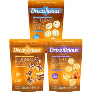 Drizzilicious Fan Favorites 3-Pack Vegan Rice Cake Snack - Birthday Cake, S'mores & Salted Caramel - Gluten-Free, Non-GMO, 90 Calories per Serving - Dessert