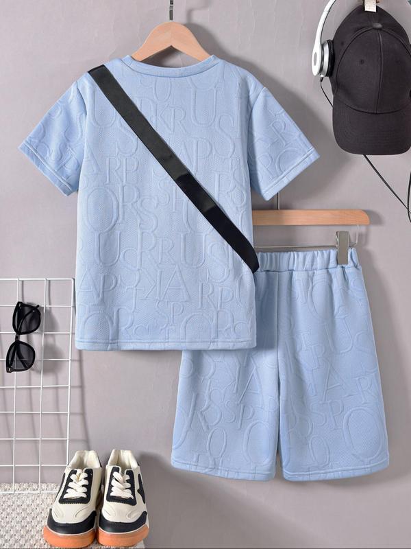 Three-piece Set Boy's Letter Pattern Co-ord Set, Casual Short Sleeve T-shirt & Shorts & Crossbody Bag, Summer Clothes for Kids