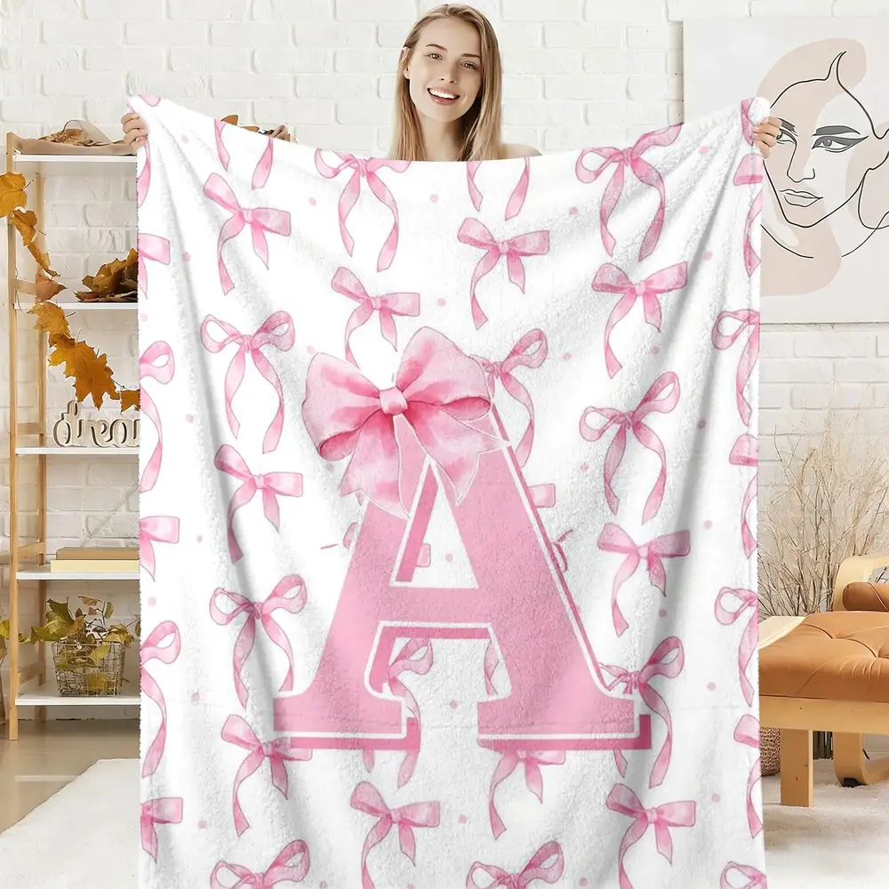 Initial Bow Monogram Flannel Throw Blanket Pink Watercolor Soft Warm A-Z Design Gifts for Women Room Decor Bedroom Couch Alphabet Bowknot Blanket