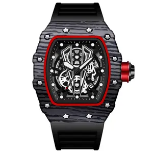 Men's Carbon Fiber Skeleton Tonneau Watch, Black Silicone Band, Sporty Quartz Wristwatch