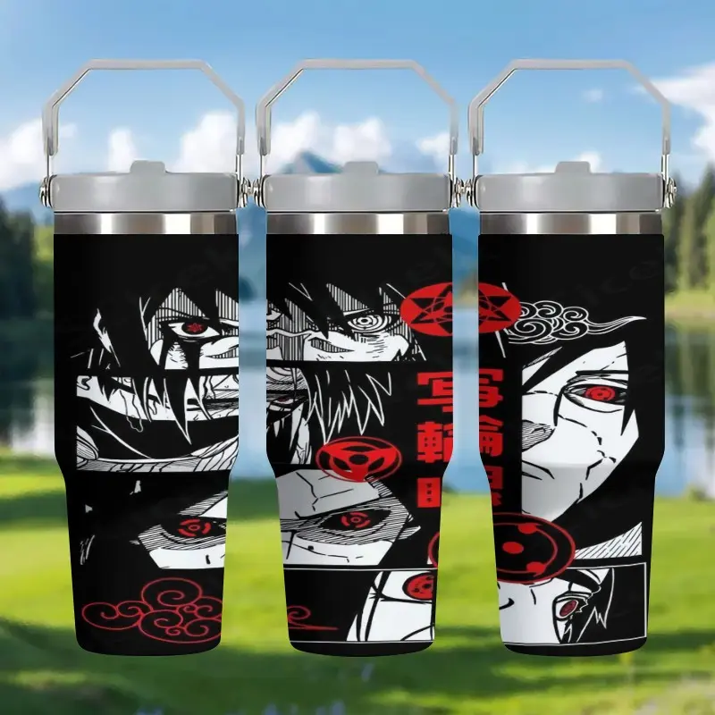 1pc 30oz Stainless Steel Insulated Mug, Coffee Thermal Cup, Naruto | Akatsuki Sharingan Outdoor Water Bottle Insulated Coffee Tumbler, with handle and straw, suitable for car use, personalized gift for birthdays/holidays