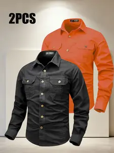 Men's 2-Pack Heavy-Duty Retro Long Sleeve Work Shirts, Double Pocket Durable Button-Down, Outdoor Mechanic Casual Tops, 8 Colors Available