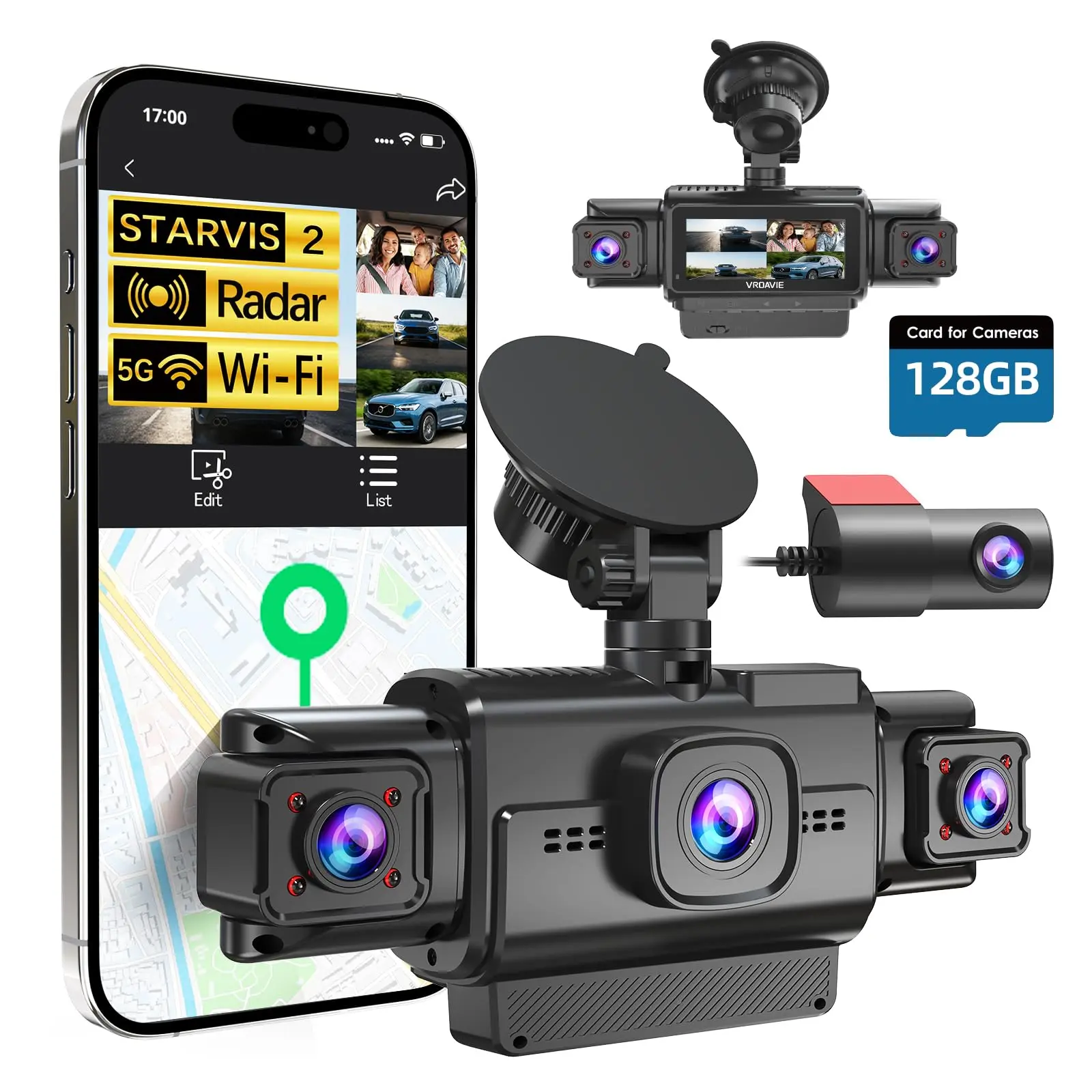 4-Channel 360-Degree Coverage Car Dashcam for Car Owners, Full HD/HD, STARVIS 2 Night Vision, Accurate GPS Tracking, 5.8GHz Fast Wi-Fi, 24H Parking Monitor, G-Sensor, 170-Degree Wide Angle, 12ft OBD Power Cable, 128GB Card Included, Evidence Retention, Lo