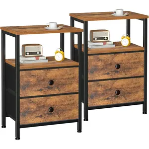 Night Stand Set 2, Bed Side Table with 2 Fabric Drawers, Nightstand with Open Storage Shelf for Bedroom, Small End Tables Living Room, Rustic Brown, HETS002BR