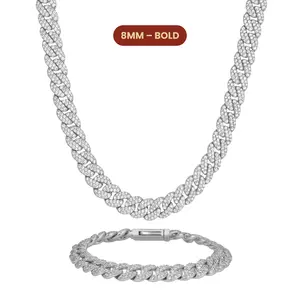 JAXXON Women's Iced Out Cuban Set 8mm - Silver - Rhodium Bonded for Shine & Durability - Box Clasp - Bundle & Save