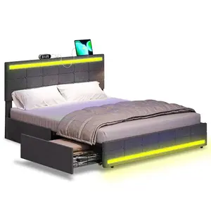 Linen LED Bed Frame with 4 Under Bed Drawers Dark Grey