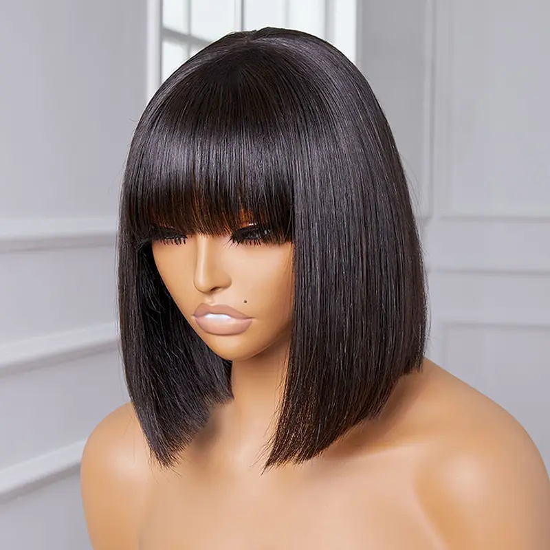 Short Bob Wig With Bangs Straight Glueless Wig Human Hair 3 Mins Ready to Wear Go Realistic Scalp Beginner-Friendly Wig 250% Thick Human Hair Wigs on Sale