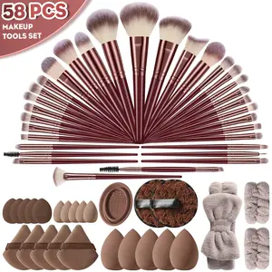 58pcs Facial Makeup Tool Set, 32pcs Makeup Brushes & Hair Ties & 2pcs Wrist Straps & 5pcs Large Makeup Sponges & 5pcs Fan-Shaped Powder Puffs & 5pcs Mini Makeup Sponges & 2pcs Cleansing Sponges & 5pcs Thumb Powder Puffs & Brush Bowl