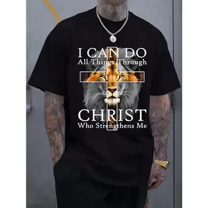[PeakPro T-shirt]-Men'S Black T-Shirt with Inspirational Christian Lion Graphic - "I Can Do All Things Through Christ Who Strengthens Me" - Casual Short Sleeve Crew Neck, Summer & Spring Outdoor Wear,  Knit Fabric, Outdoor Casual Wear |