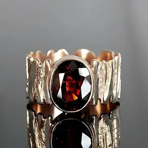 Women's Rose Gold-Plated Textured Contemporary Statement Ring - Designer Style, Synthetic Garnet Gemstone Cut, Colorful Stone Ring for Engagement, Parties, Anniversaries, Rose Gold Rings, Designer Style Rings