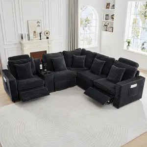 Giratree Furniture【Shipped in 6 packages】Oversized Sectional Sofa with 2 Power Recliners, Power Recliners, Storage Console and Adjustable Headrests, Plush Corduroy Fluffy 5-Seater Corner Sofa for Living Room