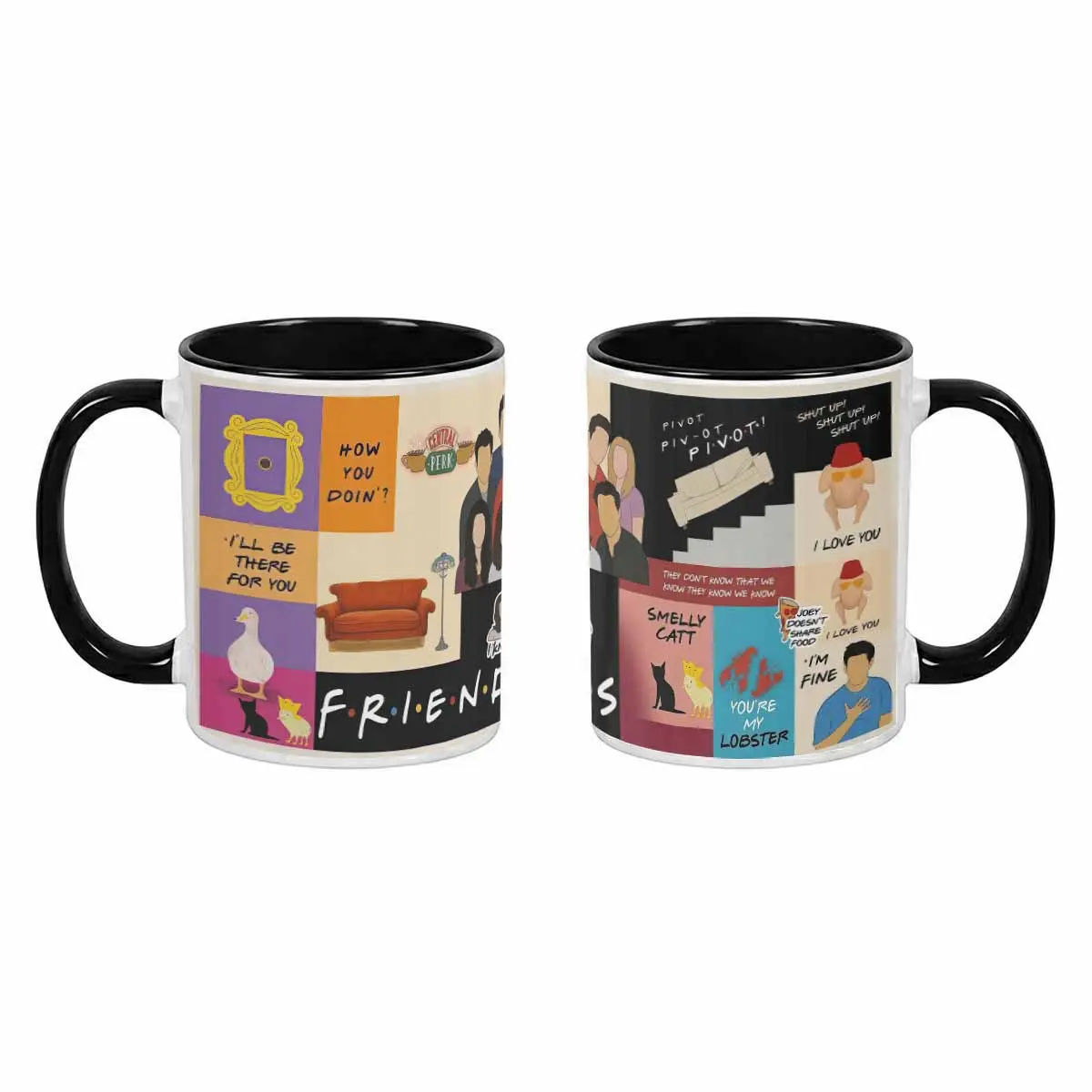 Friends TV Show Ceramic Mug (11oz/15oz) - Central Perk Illustration, Couch Frame, Lobster, Funny Quote, Lead-Free Ceramic Body, Handle Grip, Durable, Dishwasher Safe Halloween/Birthday Gift for Coffee Lovers