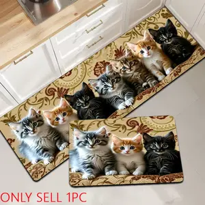 Cute Cat Kitchen Rug, Vintage Grass Pattern, Non-Slip Oil-Resistant, Durable Comfortable, Adjustable Size, Ideal for Kitchen Bathroom