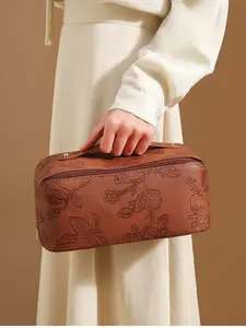 Vintage Embossed Makeup Bag, Large Capacity Cosmetic Storage Bag, Waterproof Toiletry Bag, Zipper Makeup Organizer Pouch, Cosmetics Bag, Versatile Storage Bag for Travel & Daily Use