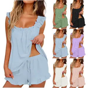 Womens Pajamas Set 2 Piece Ruffle Pj Soft Cute Tank Top and Shorts Sleepwear Set Bridal Pajama Summer Loungewear Set