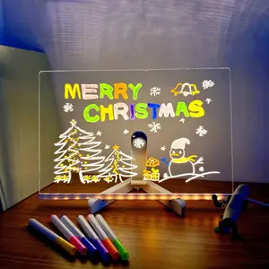 Glow-In-The-Dark Acrylic Message Board LED Note Board with Night Light Colorful 7 Pens DIY Children‘s Drawing Board for Kids Birthday Gift