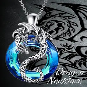 Exquisite Creative Blue Zircon Dragon Alloy Pendant Necklace – Elegant Mythical Creature Jewelry with Sapphire-Toned Round Disc, Sparkling Cubic Zirconia Accents, Handcrafted Durable Chain for Fantasy Lovers, Unique Gift Idea